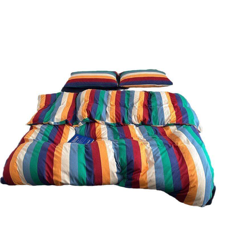 北欧风条纹全棉天竺棉四件套超软糯可裸睡针织棉简约床笠床品