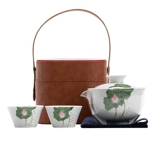 德化白瓷手绘旅行茶具套装便携包户外车载高档泡茶壶茶杯logo定制