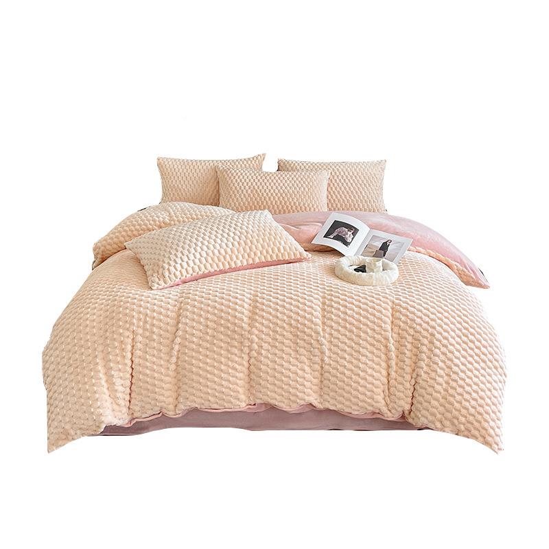冬季牛奶豆豆四绒床上件高套粉色级感双珊瑚法兰HMX绒被套面床单