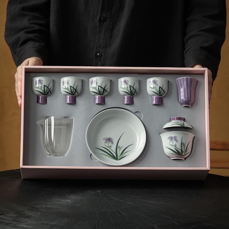 手具绘紫色兰花功夫茶套装中6562851式家用办室会客茶泡公碗礼盒