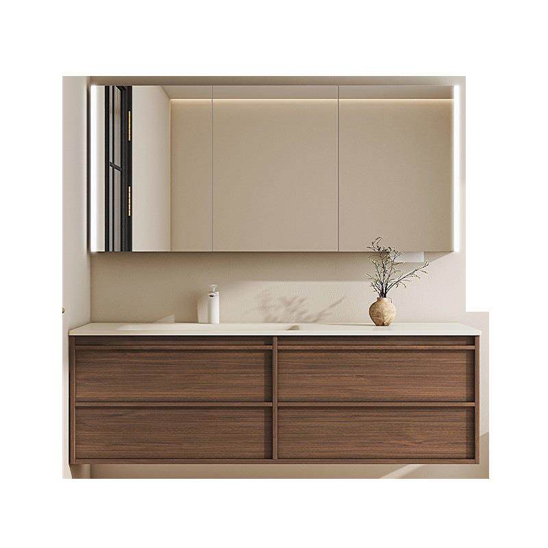 中古风岩板热弯一体盆胡桃木色浴室柜组合卫生间洗漱台洗脸手盆柜