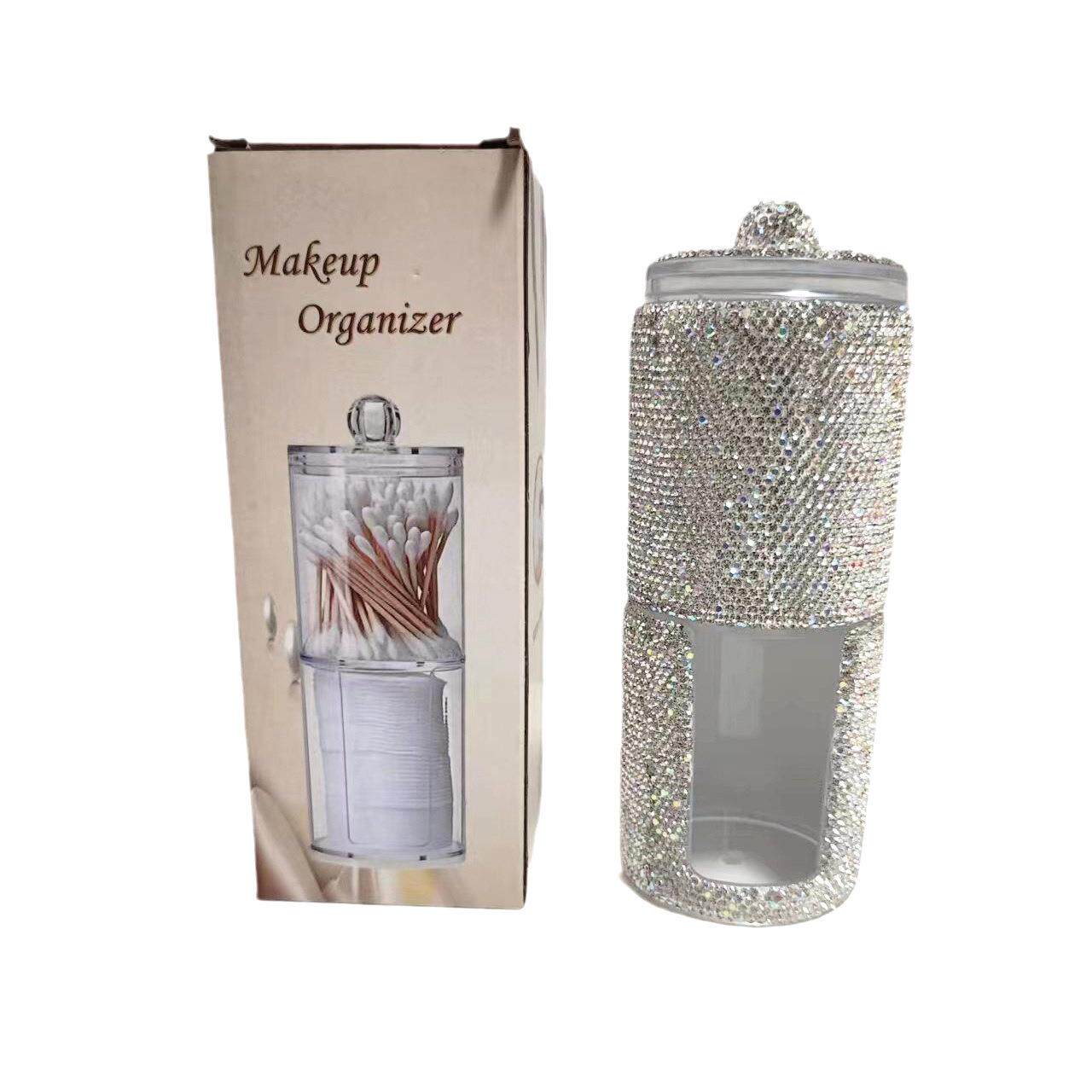 二合一双层圆形棉签盒卸妆棉收纳盒套装镶钻桌面化妆棉收纳盒