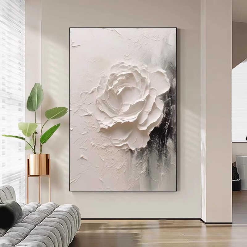 奶油风抽象花卉手绘油画客厅装饰画餐厅玄关挂画手工丙烯肌理刀画