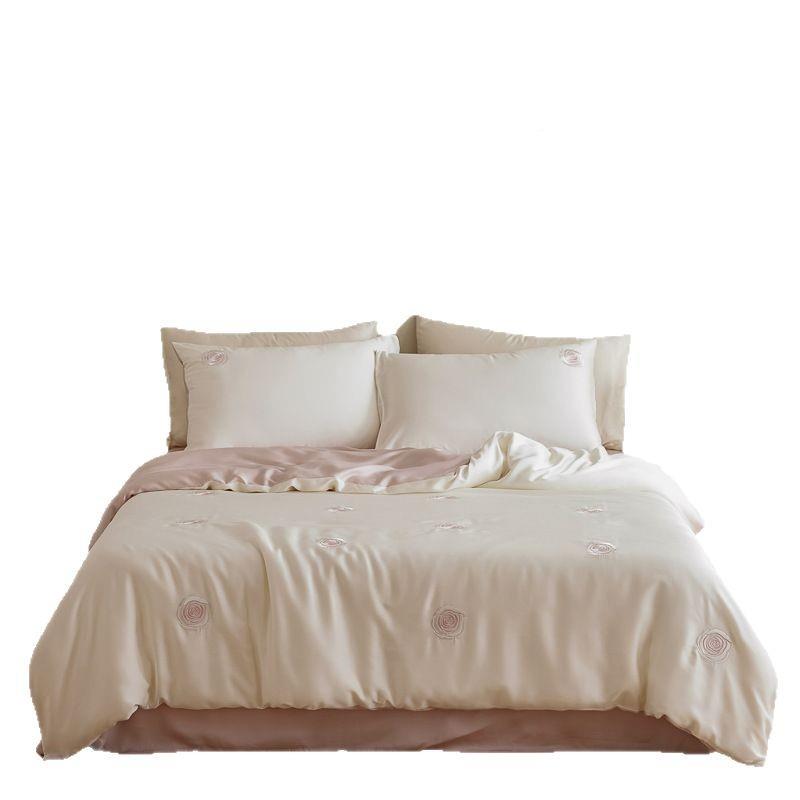 0s精天丝四套i6ns可爱卡通刺绣少女心夏件季冰丝裸睡被套三件60s