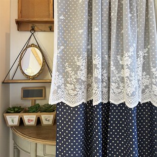 复古波点水玉蕾丝半帘厨房窗帘半帘门帘免打孔穿杆挂钩麻棉