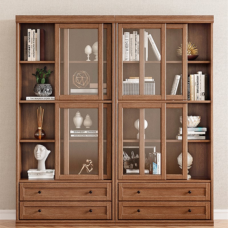 实木书柜落地靠墙一体式书橱玻璃门美式移门书架客厅防尘储物柜
