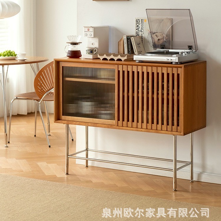 家用复古实木餐边柜 客厅不锈钢小户型酒柜边柜卧室樱桃木收纳柜