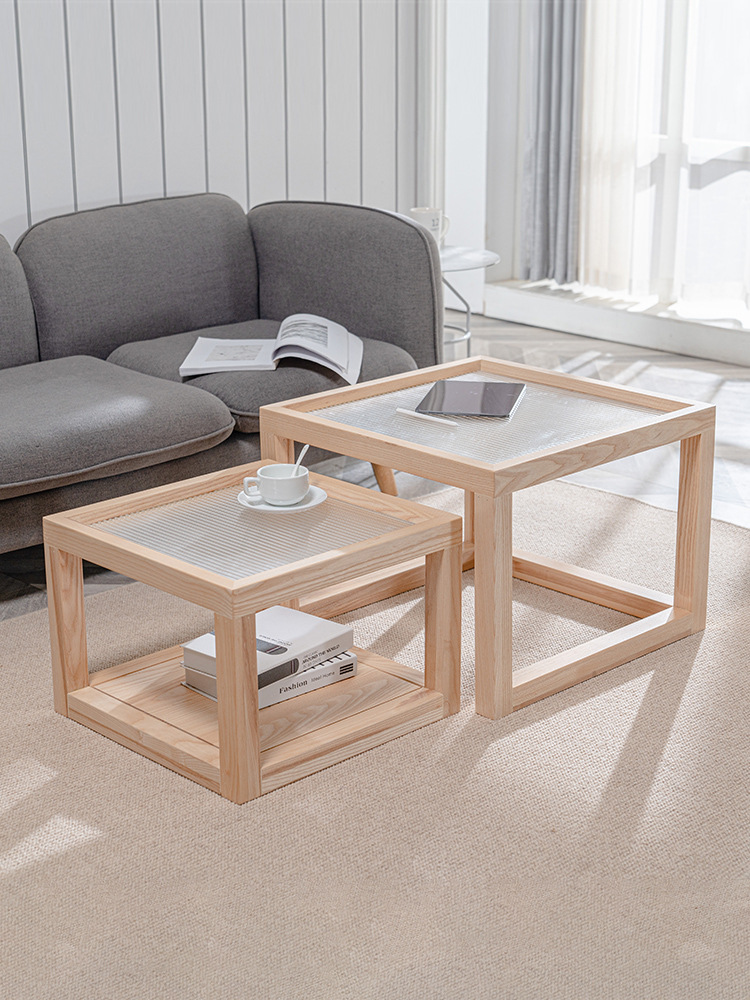 北欧实木茶几组合卧室简约玻璃飘窗桌边几客厅小户型白蜡木方形桌