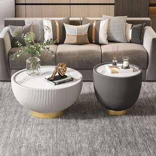 岩板圆形家用阳台轻奢设计师客厅小圆桌皮革酒店圆茶几边几组合