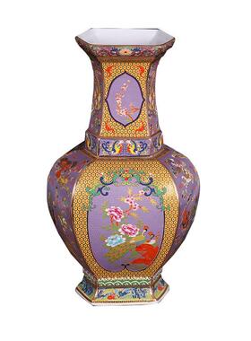 六方珐琅彩瓷器花鸟瓶景德镇陶瓷落地大花瓶客厅摆件工艺品青花瓷