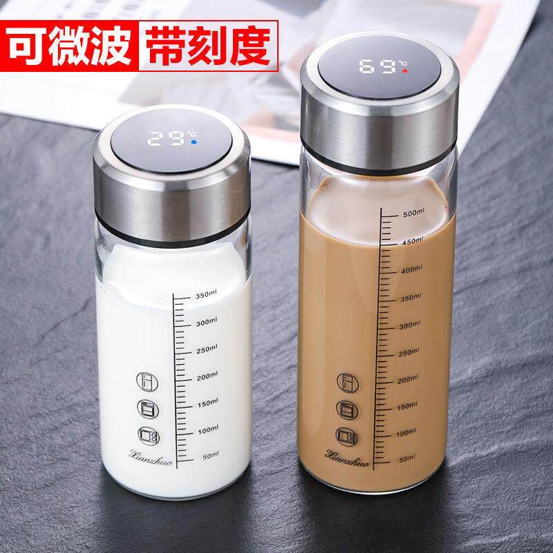 500毫升玻璃杯带刻度量杯显示温度计量耐高温微波炉加热牛奶杯