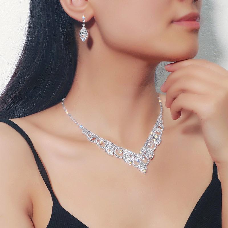 跨境货源欧美饰品水钻项链耳环套组晚宴服满钻百搭项链配饰