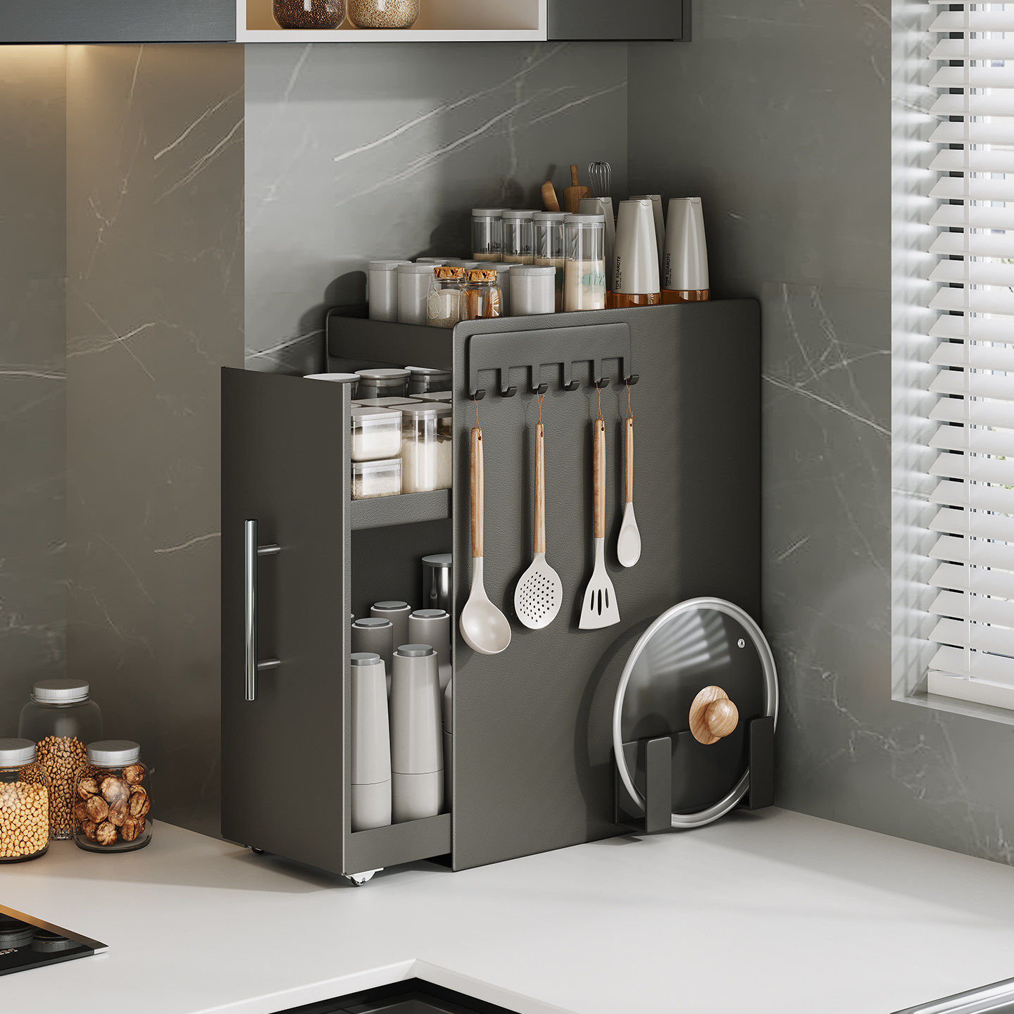 枪灰调料品置物架厨房多功能调味料台面抽拉式收纳柜架子盒窄边柜