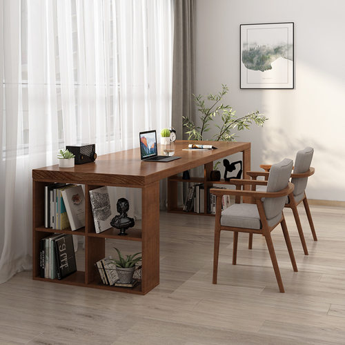 北欧实木书桌带储物家用创意工作台简约现代原木长条轻奢电脑桌