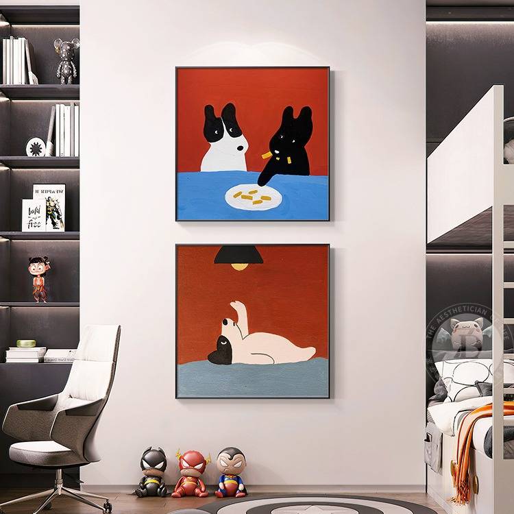 正方形客厅装饰画卡通小狗红色儿童房墙壁画现代轻奢高档玄关挂画图片