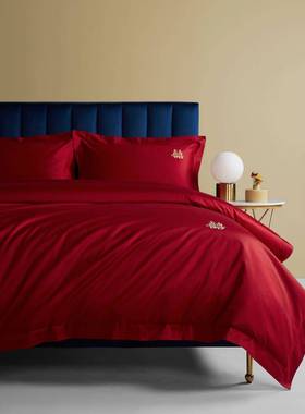 新款婚红16083色庆喜四件套结被婚床高档婚纯棉全棉被套婚床陪嫁