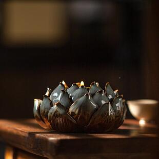 大号HSJM87瓷烛烛台蜡台家用油灯供线香倒流陶供奉莲座花酥油灯托