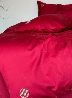 龙凤呈祥全棉六件棉套结婚四全提纯花大红色被套床单TZL棉床品