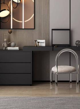 代FYN简约黑色梳复古实化木翻盖妆台现卧室斗柜组合收纳一体伸缩