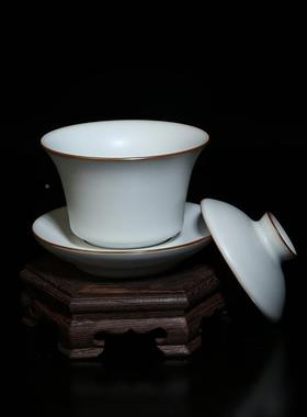 汝窑汝FLE州陶瓷茶碗泡茶三才不烫手古风家用月盖白色瓷单个汝碗