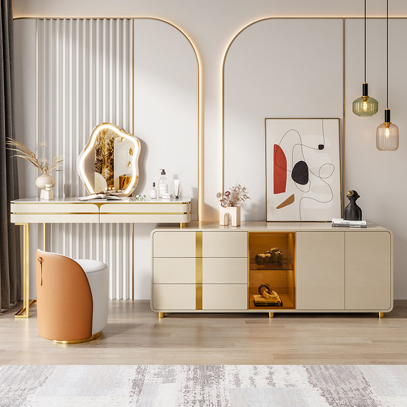 梳妆台电视柜一体组合主卧室岩板轻奢储物化妆桌连带收纳柜烤漆