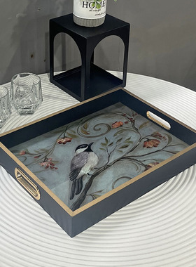 欧式复古木质带玻璃面托盘家用餐具防水茶盘客厅点心收纳盘摆件