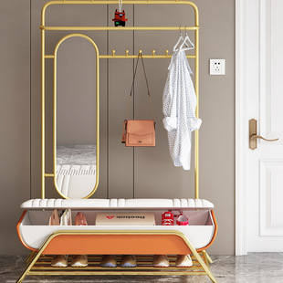 轻奢入户家用门口换鞋凳落地进门穿鞋凳挂衣架镜子一体衣帽架鞋柜