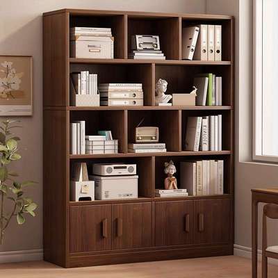 实木书架落地置物架多层客厅靠墙柜子储物柜学生收纳家用带门书柜