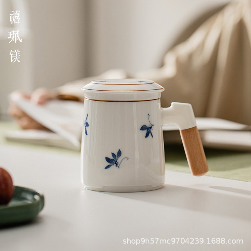 禧珮镁德化白瓷手绘兰花陶瓷办公杯带盖家用茶水分离杯子马克杯
