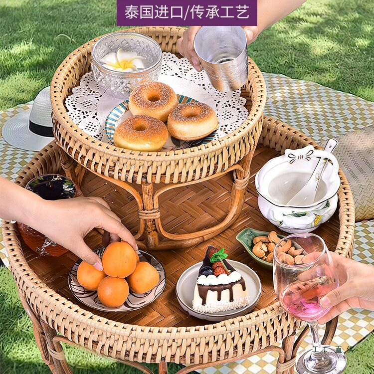 泰国藤编ins风圆形矮桌茶几