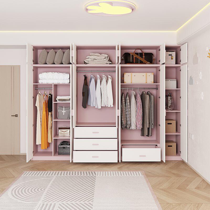 批儿童房衣柜卧室家用女孩粉色整墙到顶实木衣橱收纳柜子平开门可