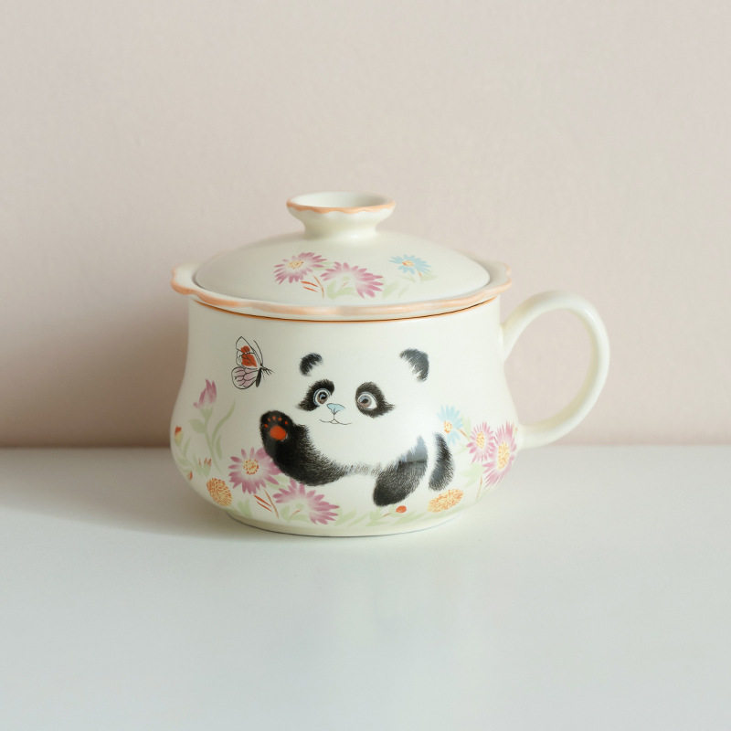 米黄釉熊猫泡茶杯茶水分离杯子带盖陶瓷过滤水杯可爱茶咖杯子