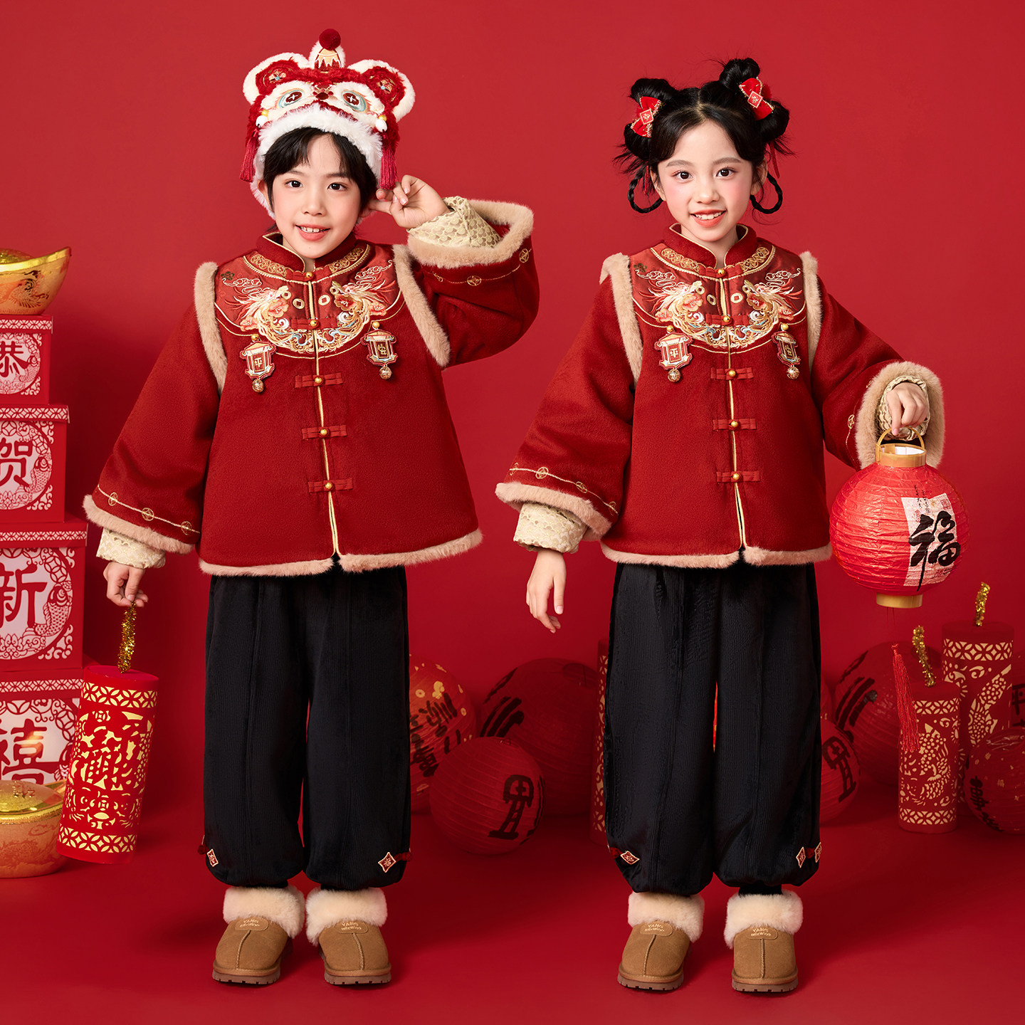 拜年服男女童新中式唐装宝宝周岁礼服过年服儿童新年喜庆表演出服