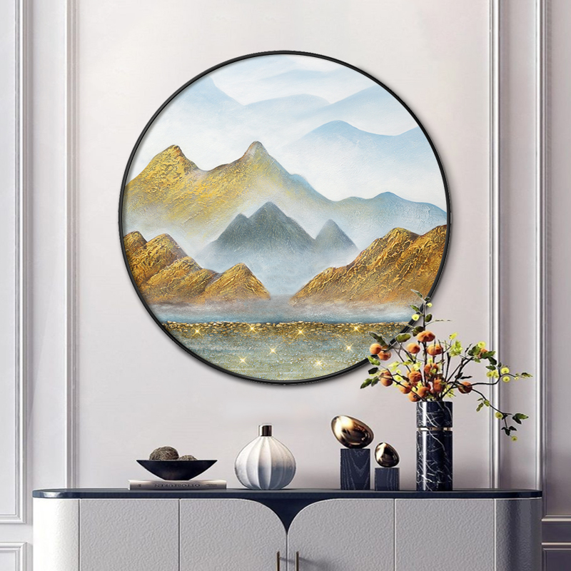 背靠金山玄关圆形装饰画纯手绘油画圆框客厅餐厅轻奢山水石头挂画图片