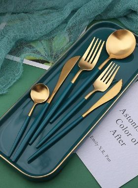 4pcsset Dark Green Stainless Steel Tableware Knife Fork