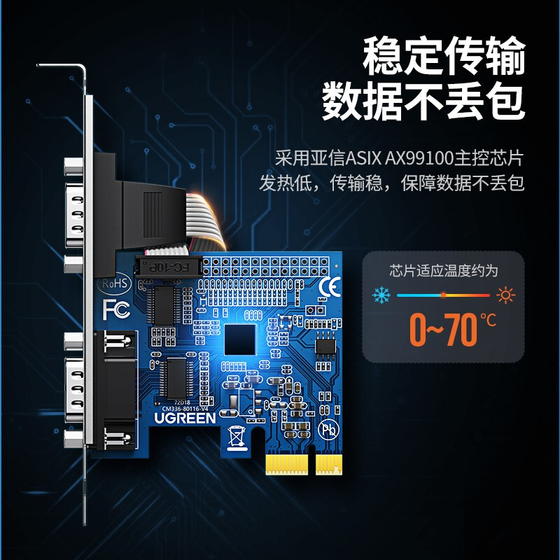 绿联PCI-E转RS232双串口转接卡 PCI转COM串口9针接口扩展卡