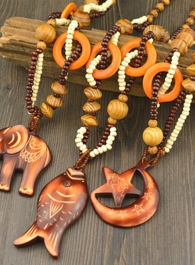 项链项链风风长木毛衣拍照海滩复古necklace链民族波项链西米亚