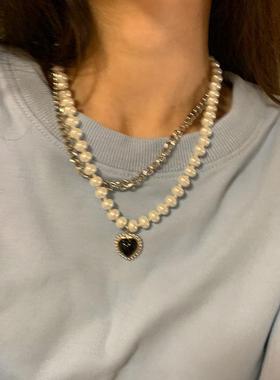 Thick Chain Necklace Black peach heart clavicle chain锁骨链