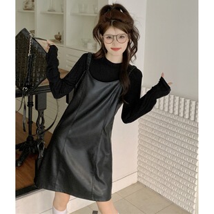 新品法式黑色pu皮吊带连衣裙女春秋高级感系带宽松打底背心短裙两