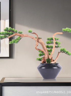 禅意新中式仿真迎客松摆件酒店过道边几工艺礼品摆饰装饰家居玄关