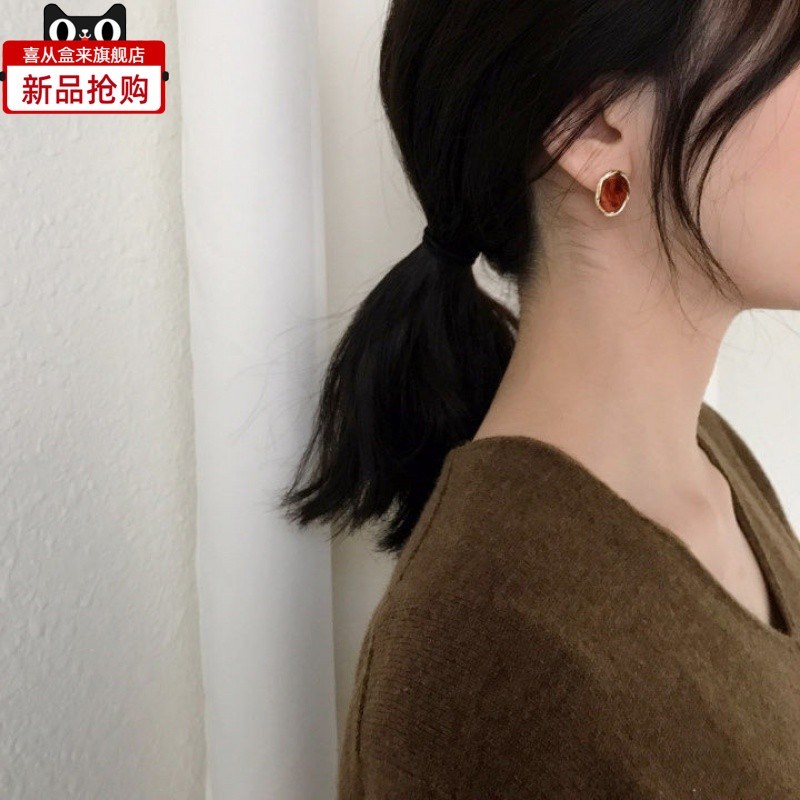 韩版复古石纹耳钉女气质韩国个性琥珀耳环百搭几何耳饰品2024新款