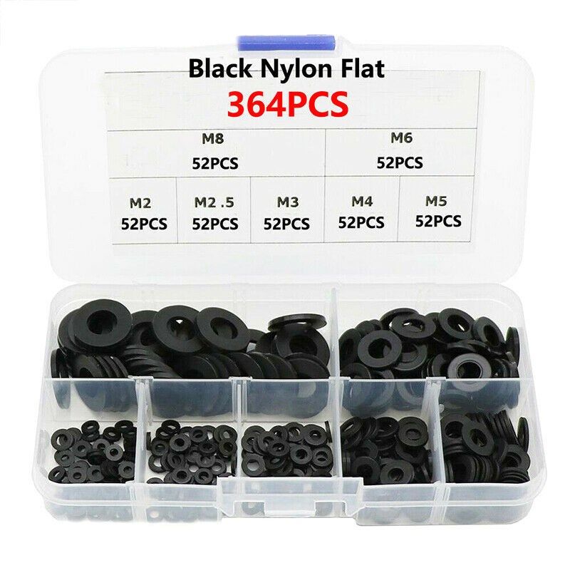 364pcs Black Rubber Washer Nylon Flat Rubber Washers Ring Pl