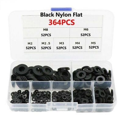 364pcs Black Rubber Washer Nylon Flat Rubber Washers Ring Pl