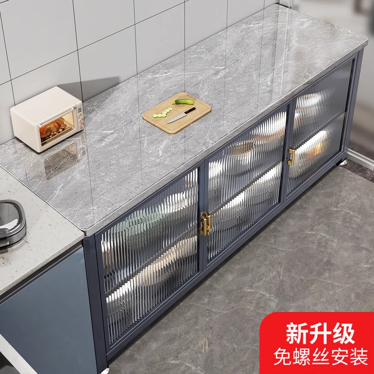 新款厨房置物架落地家用岩板收纳柜子餐边多功能靠墙一体储物橱柜