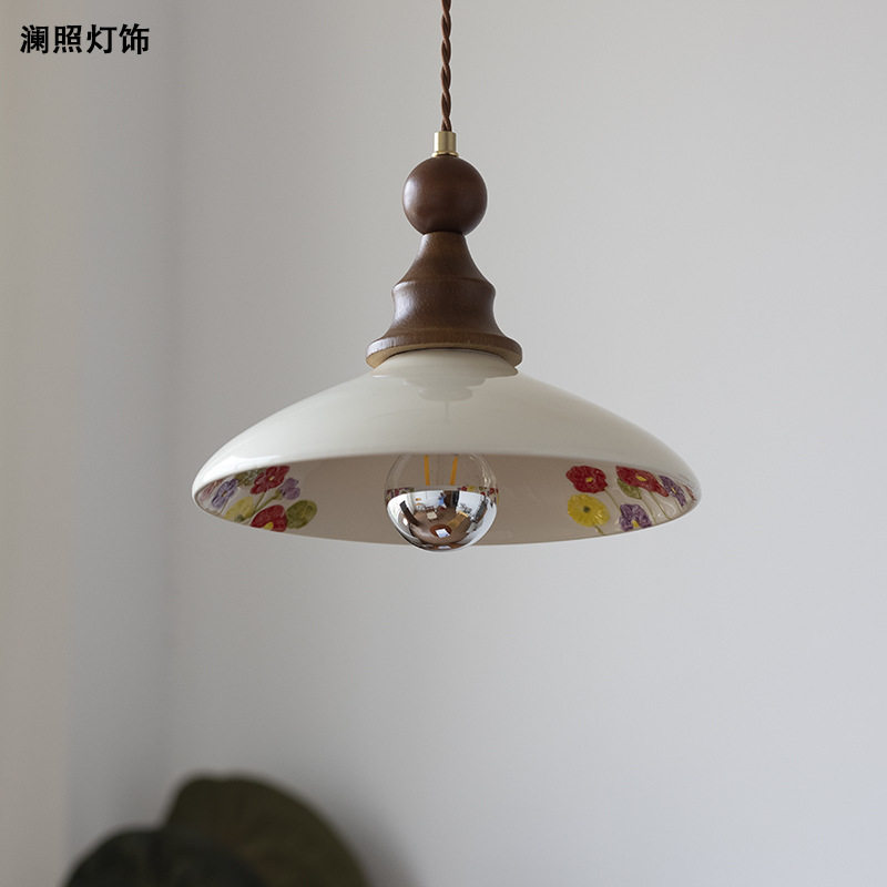复古中古风手绘小花罩陶瓷吊灯奶油风法式餐厅玄关吧台过道吸顶灯