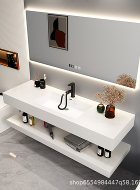 岩板无缝拼接陶瓷一体盆纯白色简约高端洗漱台浴室镜柜现代卫生间