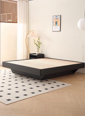 现代简约黑色无床头实木悬浮床红橡木榻榻米1.8m卧室高箱储物床