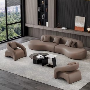 欧式弧形免洗猫抓皮沙发高端酒店大堂接待休息区洽谈沙发茶几组合