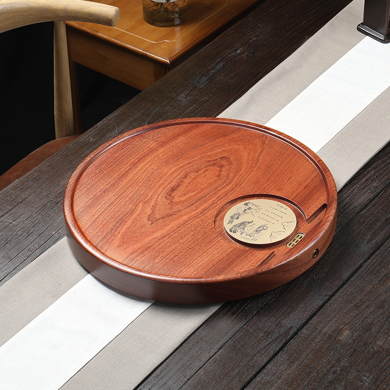 茶具圆形整块实木茶盘茶台小号黑檀花梨木整块排水原木檀木盘