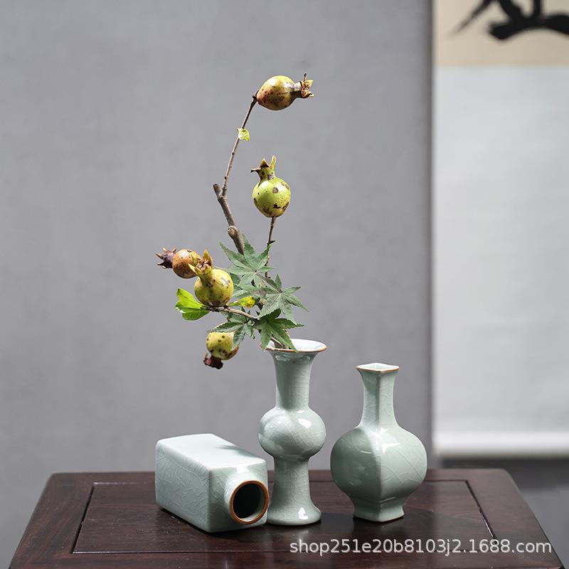哥窑陶瓷小花瓶瓷器摆件插花客厅复古装饰花器铜钱草绿萝水培器皿